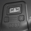 Closeup of screen indicating 2-collar system variation, and range set on transmitter device.