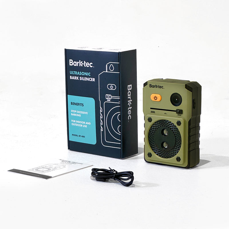 Packaging of the Barktec Outdoor/Indoor Ultrasonic Anti-Barking Device, showcasing product features and benefits for effective bark management.