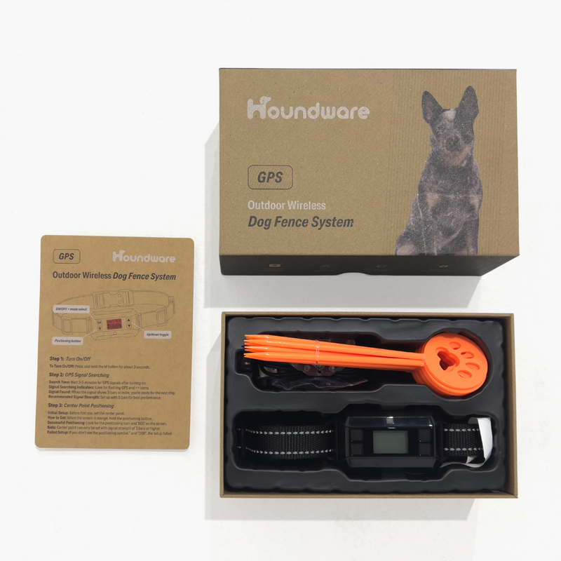 Packaging of the Wireless GPS Containment Fence system, highlighting the product features and benefits for creating safe pet boundaries