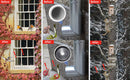 Three before-and-after panels showing stainless steel spikes blocking birds, rodents, snakes, and a squirrel.