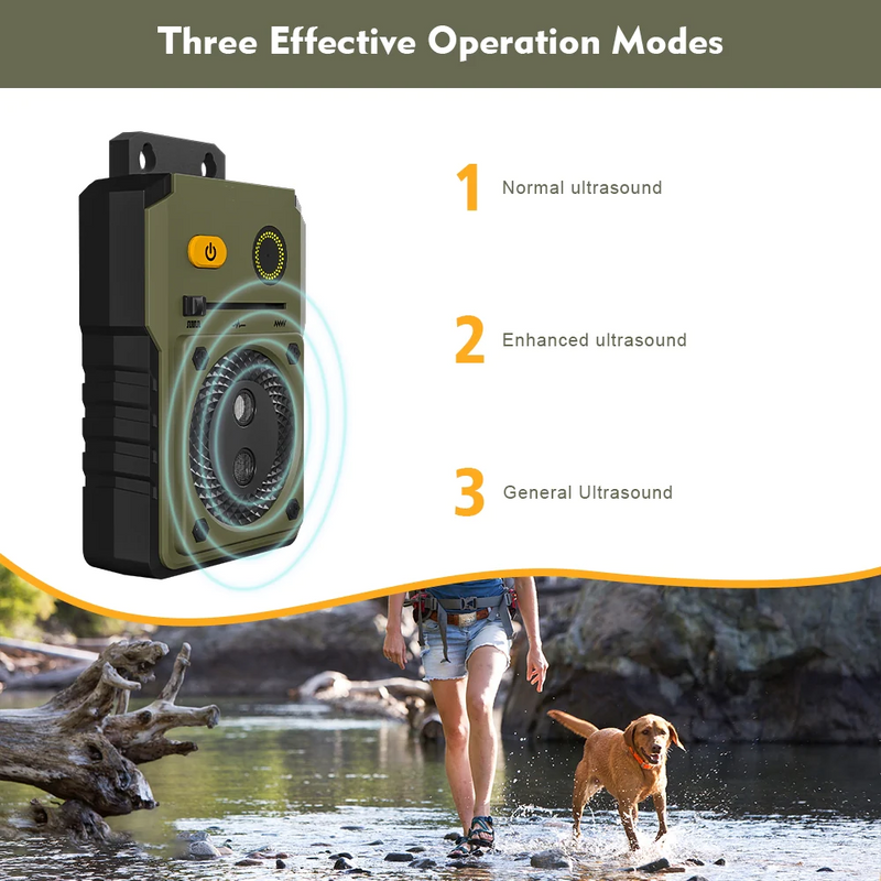 Close-up of the Barktec Ultrasonic Anti-Barking Device, showcasing the three effective operation modes