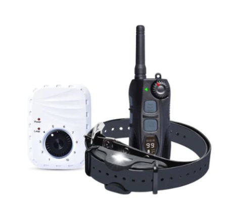 Hidden Dog Fence & Remote Training Collar 2-in-1 System, featuring a transmitter, collar, and boundary wire for comprehensive pet containment and training.