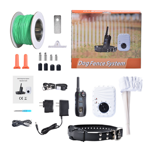 Components of the Hidden Dog Fence & Remote Training Collar system, including the transmitter, collar, boundary wire, power adapter, and user manual